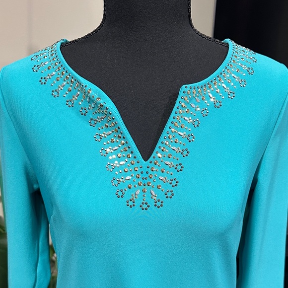 *BOSTON PROPER* Turquoise Long Sleeve Embellished V-Neck Dress Size Small - Picture 2 of 6
